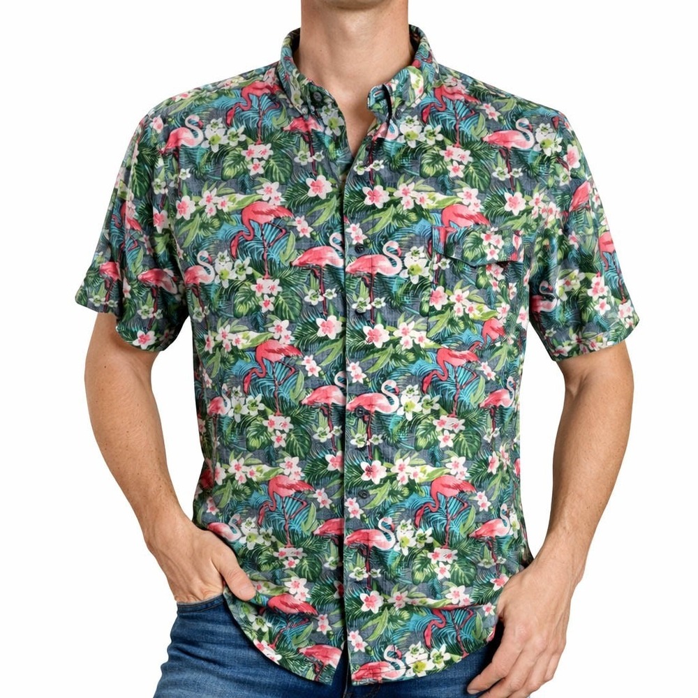 Molokai Surf Co Hawaiian Aloha Shirt XL Flamingos Tropical Leaves Rev Print